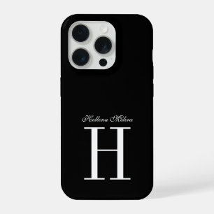Moderne Elegante Zwarte Witte Monogram Script Naam iPhone 15 Pro Case
