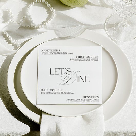 Moderne Elegante Zwarte & Witte Trouwdiner Menu