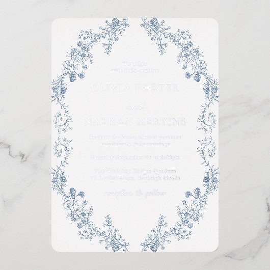  Moderne Elegantie Bloemen Huwelijk Zilver Folie Uitnodiging (Voorkant)