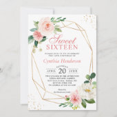 Moderne elegantie Blush Pink Floral Sweet 16 Kaart (Voorkant)