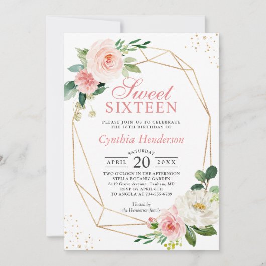 Moderne elegantie Blush Pink Floral Sweet 16 Kaart (Voorkant)