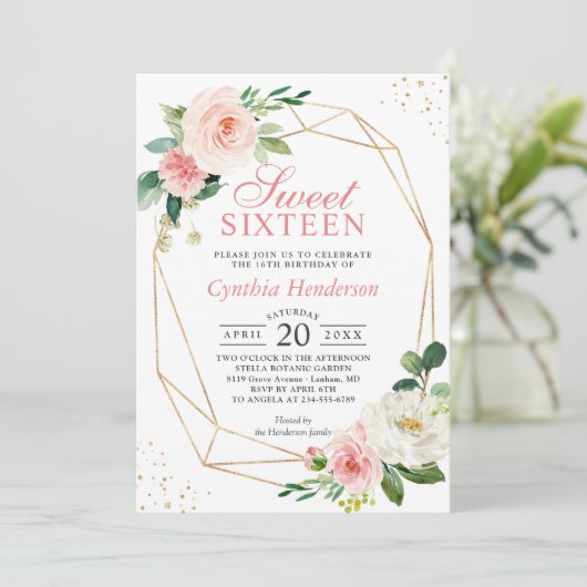 Moderne elegantie Blush Pink Floral Sweet 16 Kaart (Staand voorkant)