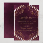 Moderne Elegantie Bordeaux en Goud Save The Date (Voorkant / Achterkant)