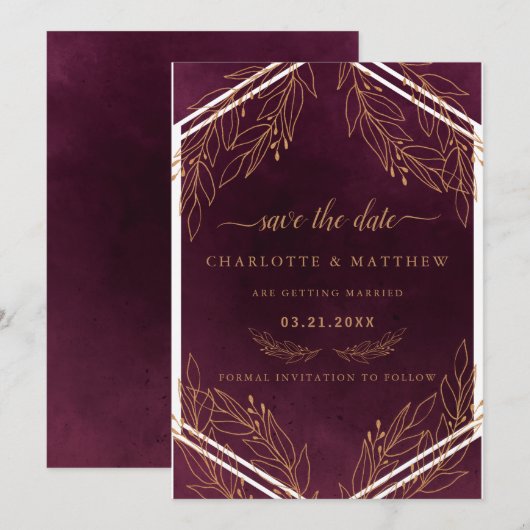 Moderne Elegantie Bordeaux en Goud Save The Date (Voorkant / Achterkant)