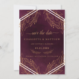 Moderne elegantie bordeauxrood en goud save the date