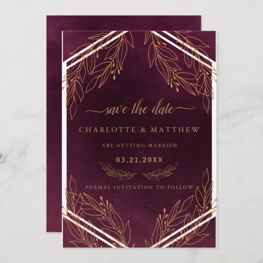 Moderne elegantie bordeauxrood en goud save the date (Voorkant / Achterkant)