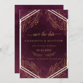 Moderne Elegantie Bourgogne en Goud Save The Date (Voorkant / Achterkant)