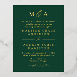 Moderne Elegantie Monogram Groen en Goud Bruiloft Folie Uitnodiging Briefkaart