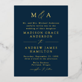 Moderne Elegantie Monogram Navy en Gouden Huwelijk Folie Uitnodiging Briefkaart