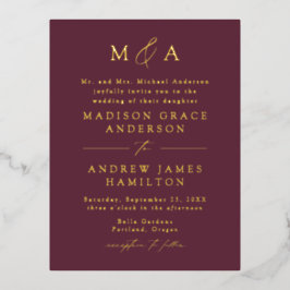 Moderne Elegantie Monogram Wijn en Gouden Huwelijk Folie Uitnodiging Briefkaart