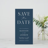 Moderne elegantie Navy Foto Save the Date (Staand voorkant)