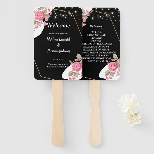 Moderne elegantie Roze bloemenslinger Trouwprogram Handwaaier (Voorkant en achterkant)