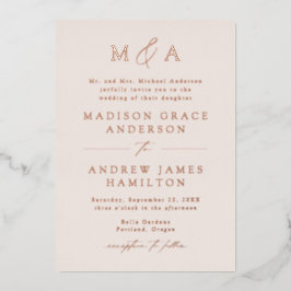 Moderne Elegantie Roze Goud Monogram Huwelijk Folie Uitnodiging