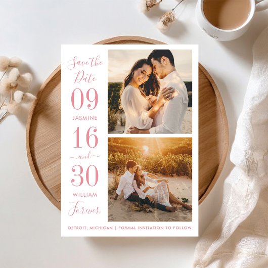 Moderne Elegantie Roze Trouwfoto Save The Date