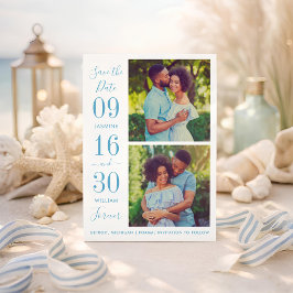 Moderne elegantie stoffig blauwe trouwfoto save the date