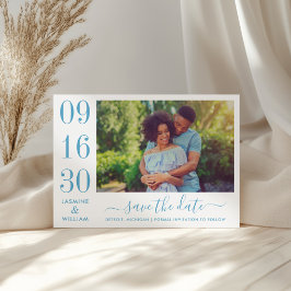 Moderne elegantie stoffig blauwe trouwfoto save the date