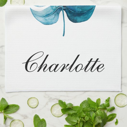 Moderne Elegantie Waterverf Monstera Blauw Blad Theedoek (Gevouwen)