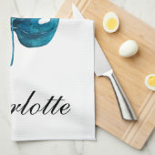 Moderne Elegantie Waterverf Monstera Blauw Blad Theedoek (Quarter Fold)