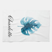 Moderne Elegantie Waterverf Monstera Blauw Blad Theedoek (Horizontaal)