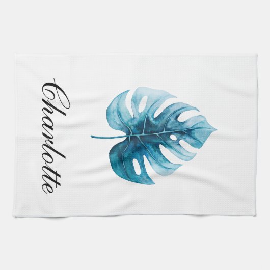 Moderne Elegantie Waterverf Monstera Blauw Blad Theedoek (Horizontaal)