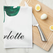 Moderne Elegantie Waterverf Monstera Groen Blad Theedoek (Quarter Fold)