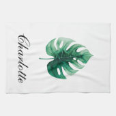 Moderne Elegantie Waterverf Monstera Groen Blad Theedoek (Horizontaal)