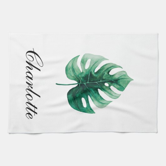Moderne Elegantie Waterverf Monstera Groen Blad Theedoek (Horizontaal)
