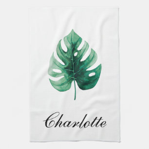 Moderne Elegantie Waterverf Monstera Groen Blad Theedoek