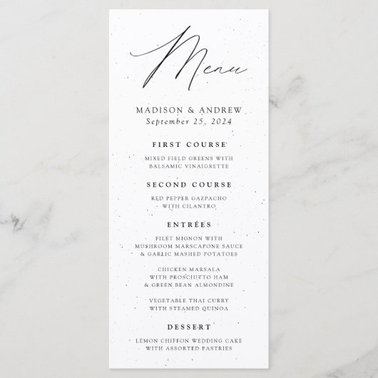 Moderne elegantie: witte en zwarte bruiloft menu (Voorkant)