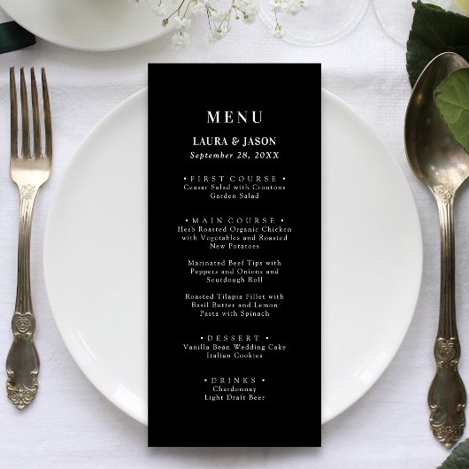 Moderne Elegantie Zwart en Wit Trouwmenu Menu