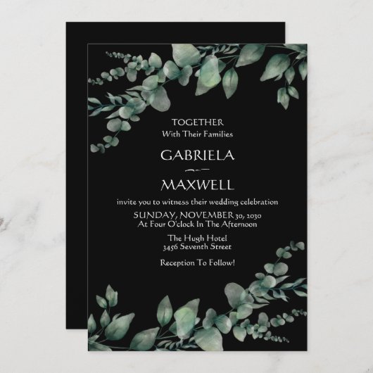 Moderne Elegantie Zwarte Eucalyptus Bruiloft Kaart (Voorkant / Achterkant)