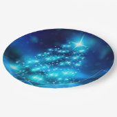 Moderne elektronische blauw kerstboom met licht papieren bordje (Gekanteld)