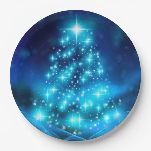 Moderne elektronische blauw kerstboom met licht papieren bordje (Voorkant)