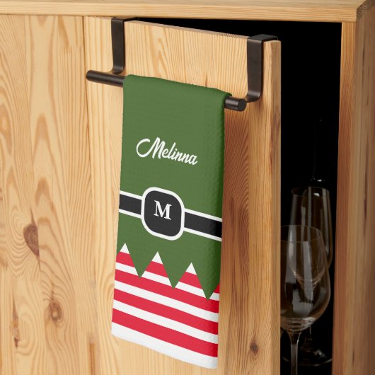 Moderne Elf Dennengroen Vakantie Monogram Theedoek (Derde Gevouwen)
