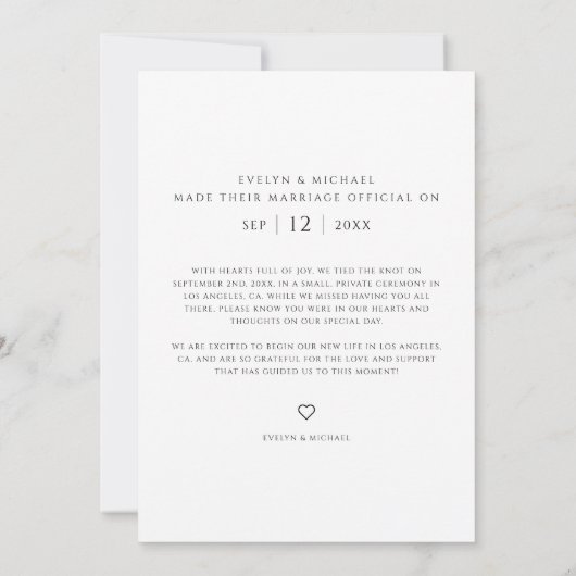 Moderne Elopement We hebben de knoop trouwfoto vas Aankondiging (Achterkant)