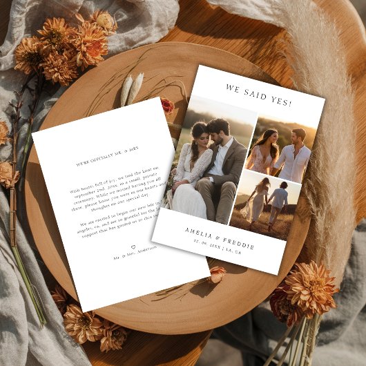 Moderne Elopement We Said Yes Rustieke Trouwfoto Aankondiging