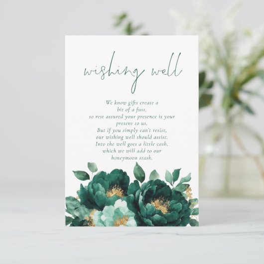 Moderne Emerald Gold Bloemen bruiloft wensen goed Informatiekaartje (Staand voorkant)