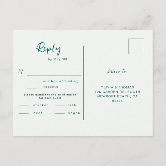 Moderne Emerald Gold Boho Beach Trouwmaaltijd RSVP Uitnodiging Briefkaart (Achterkant)