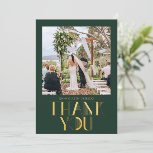 Moderne Emerald Gold foto bruiloft dank u kaart (Staand voorkant)