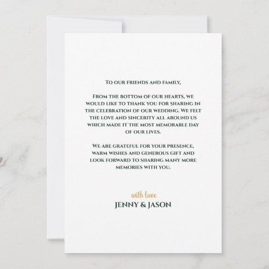 Moderne Emerald Gold foto bruiloft dank u kaart (Achterkant)