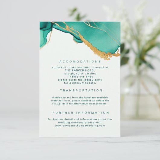 Moderne Emerald Goud Zomer Strand Bruiloft Details Informatiekaartje (Staand voorkant)