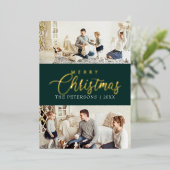 Moderne Emerald Green Fotocollage Kerstgoud Folie Feestdagenkaart (Staand Voorkant)