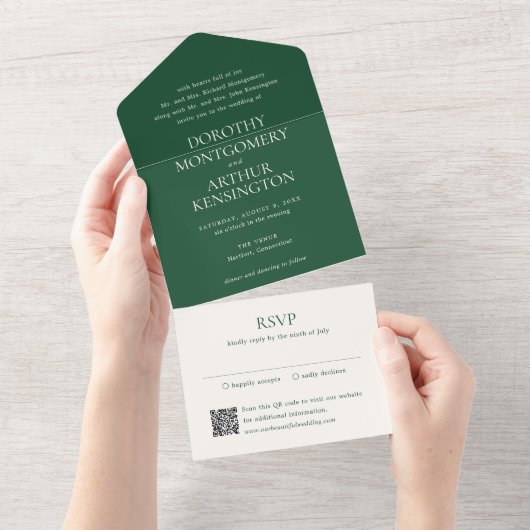 Moderne Emerald Green QR-code Elegante bruiloft All In One Uitnodiging (Afscheurbaar)