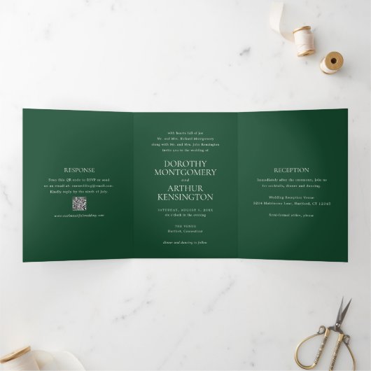 Moderne Emerald Green QR-code Elegante bruiloft Drieluik Uitnodiging (Binnen)