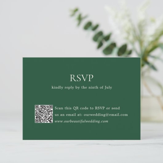 Moderne Emerald Green QR-code Elegante bruiloft RSVP Kaartje (Staand voorkant)