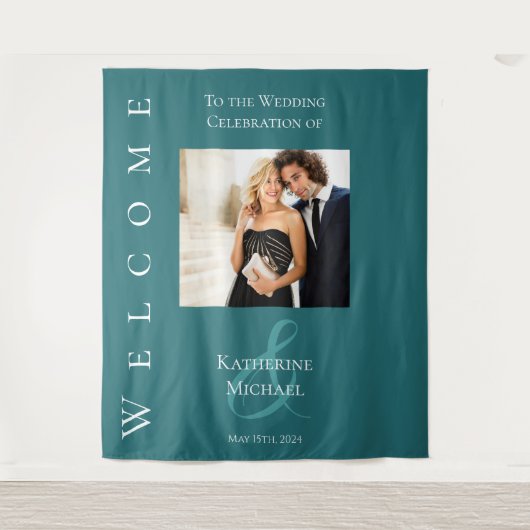 Moderne Emerald Groen-foto-bruiloft- Wandkleed (Voorkant)