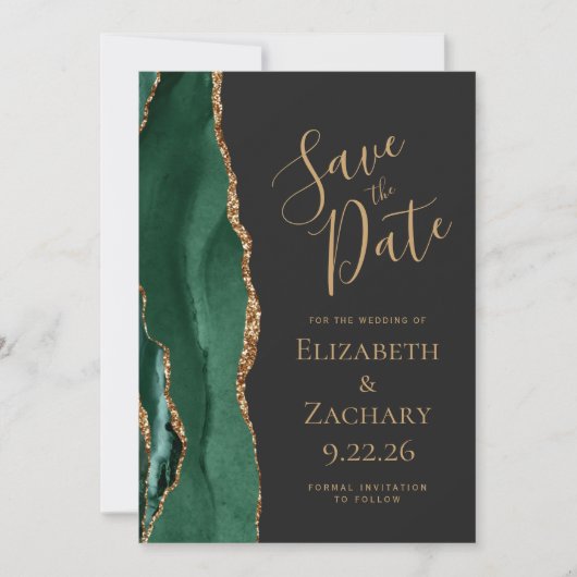 Moderne Emerald Groene Gouden Agaat Donker Save th Save The Date (Voorkant)