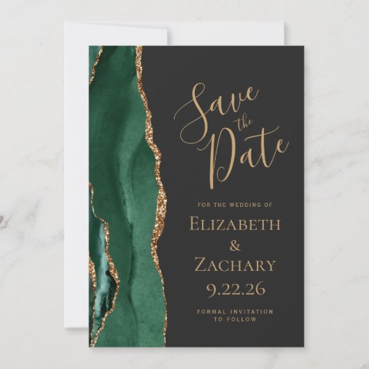 Moderne Emerald Groene Gouden Agaat Donker Save th The Date (Voorkant)