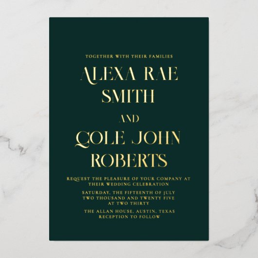 Moderne Emerald Hunter Groene Chique Bruiloft Goud Folie Uitnodiging (Voorkant)