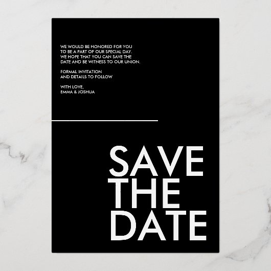 Moderne en eenvoudige Folie Sla onze datumkaart op Folie Uitnodiging (Achterkant)